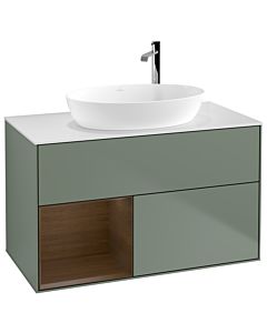 Villeroy und Boch Finion Waschtischunterschrank G891GNGM 100cm, Abdeckplatte white matt, Emotion, Regale Walnut Veneer, Olive Matt Lacquer