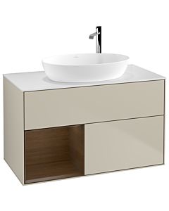 Villeroy und Boch Finion Waschtischunterschrank G891GNHH 100cm, Abdeckplatte white matt, Emotion, Regale Walnut Veneer, Sand Matt Lacquer
