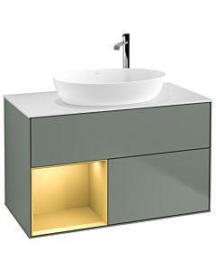Villeroy und Boch Finion Waschtischunterschrank G891HFGM 100cm, Abdeckplatte white matt, Emotion, Regale Gold matt lacquer, Olive Matt Lacquer