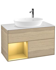 Villeroy und Boch Finion Villeroy und Boch G891HFPC 100cm, plaque de recouvrement blanc mat, Emotion, étagères laqué mat or, Oak Veneer