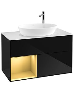 Villeroy und Boch Finion Villeroy und Boch G891HFPH 100cm, plaque de recouvrement blanc mat, Emotion, étagères laqué mat or, Glossy Black Lacquer