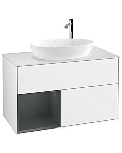 Villeroy und Boch Finion Waschtischunterschrank G891HGGF 100cm, Abdeckplatte white matt, Emotion, Regale Midnight matt lacquer, Glossy white lacquer