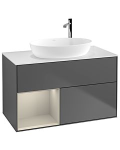 Villeroy und Boch Finion Waschtischunterschrank G891HHGK 100cm, Abdeckplatte white matt, Emotion, Regale sand matt lacquer, Anthracite matt