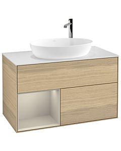 Villeroy und Boch Finion Waschtischunterschrank G891HHPC 100cm, Abdeckplatte white matt, Emotion, Regale sand matt lacquer, Oak Veneer