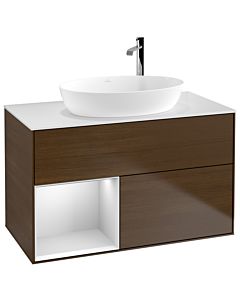 Villeroy und Boch Finion Villeroy und Boch G891MTGN 100cm, plaque de recouvrement blanc mat, Emotion, étagères laqué blanc mat, placage noyer