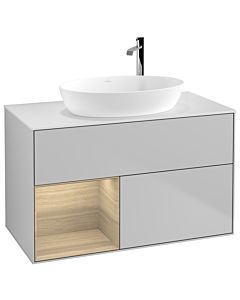 Villeroy und Boch Finion Waschtischunterschrank G891PCGJ 100cm, Abdeckplatte white matt, Emotion, Regale Oak Veneer, Light grey matt