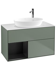 Villeroy und Boch Finion Waschtischunterschrank G891PDGM 100cm, Abdeckplatte white matt, Emotion, Regale Black matt lacquer, Olive Matt Lacquer
