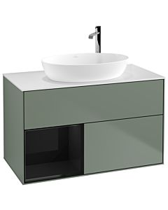 Villeroy und Boch Finion Waschtischunterschrank G891PHGM 100cm, Abdeckplatte white matt, Emotion, Regale Glossy black lacquer, Olive Matt Lacquer