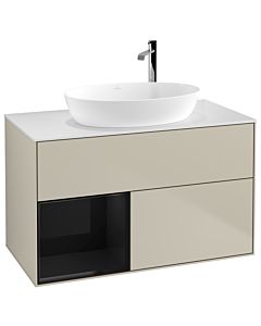 Villeroy und Boch Finion Villeroy und Boch G891PHHH 100cm, plaque de recouvrement blanc mat, Emotion, étagères Laque noire brillante, Sand Matt Lacquer