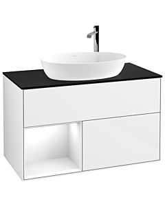 Villeroy und Boch Finion Waschtischunterschrank G892GFGF 100cm, Abdeckplatte black matt, Emotion, Regale Glossy white lacquer, Glossy white lacquer