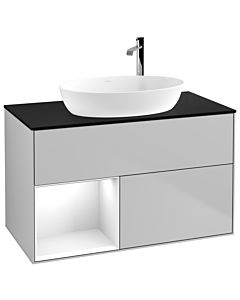 Villeroy und Boch Finion Waschtischunterschrank G892GFGJ 100cm, Abdeckplatte black matt, Emotion, Regale Glossy white lacquer, Light grey matt