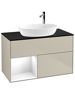 Villeroy und Boch Finion Waschtischunterschrank G892GFHH 100cm, Abdeckplatte black matt, Emotion, Regale Glossy white lacquer, Sand Matt Lacquer