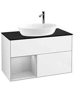 Villeroy und Boch Finion Waschtischunterschrank G892GJGF 100cm, Abdeckplatte black matt, Emotion, Regale Light grey matt lacquer, Glossy white lacquer