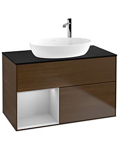Villeroy und Boch Finion Waschtischunterschrank G892GJGN 100cm, Abdeckplatte black matt, Emotion, Regale Light grey matt lacquer, Walnut veneer