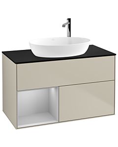 Villeroy und Boch Finion Waschtischunterschrank G892GJHH 100cm, Abdeckplatte black matt, Emotion, Regale Light grey matt lacquer, Sand Matt Lacquer