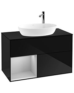 Villeroy und Boch Finion Waschtischunterschrank G892GJPH 100cm, Abdeckplatte black matt, Emotion, Regale Light grey matt lacquer, Glossy Black Lacquer