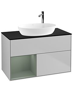 Villeroy und Boch Finion Waschtischunterschrank G892GMGJ 100cm, Abdeckplatte black matt, Emotion, Regale Olive matt lacquer, Light grey matt
