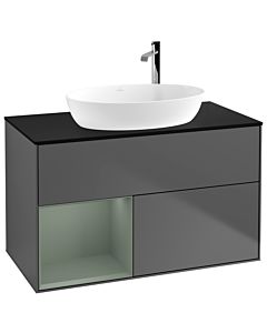 Villeroy und Boch Finion Waschtischunterschrank G892GMGK 100cm, Abdeckplatte black matt, Emotion, Regale Olive matt lacquer, Anthracite matt