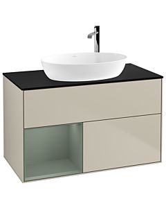 Villeroy und Boch Finion Waschtischunterschrank G892GMHH 100cm, Abdeckplatte black matt, Emotion, Regale Olive matt lacquer, Sand Matt Lacquer