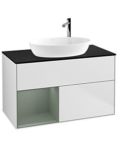 Villeroy und Boch Finion Waschtischunterschrank G892GMMT 100cm, Abdeckplatte black matt, Emotion, Regale Olive matt lacquer, White matt lacquer