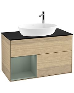 Villeroy und Boch Finion Waschtischunterschrank G892GMPC 100cm, Abdeckplatte black matt, Emotion, Regale Olive matt lacquer, Oak Veneer