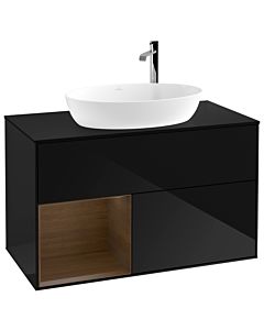 Villeroy und Boch Finion Waschtischunterschrank G892GNPH 100cm, Abdeckplatte black matt, Emotion, Regale Walnut Veneer, Glossy Black Lacquer