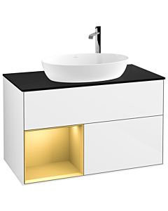Villeroy und Boch Finion Waschtischunterschrank G892HFGF 100cm, Abdeckplatte black matt, Emotion, Regale Gold matt lacquer, Glossy white lacquer