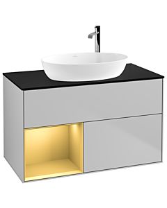 Villeroy und Boch Finion Waschtischunterschrank G892HFGJ 100cm, Abdeckplatte black matt, Emotion, Regale Gold matt lacquer, Light grey matt