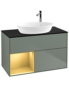 Villeroy und Boch Finion Waschtischunterschrank G892HFGM 100cm, Abdeckplatte black matt, Emotion, Regale Gold matt lacquer, Olive Matt Lacquer