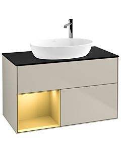 Villeroy und Boch Finion Waschtischunterschrank G892HFHH 100cm, Abdeckplatte black matt, Emotion, Regale Gold matt lacquer, Sand Matt Lacquer
