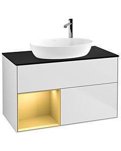 Villeroy und Boch Finion Villeroy und Boch G892HFMT 100cm, plaque de recouvrement noir mat, Emotion, étagères laqué or mat, laqué blanc mat