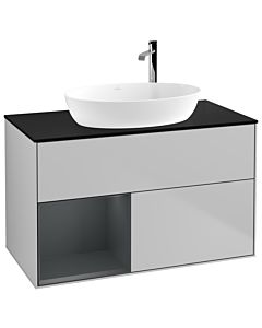 Villeroy und Boch Finion Villeroy und Boch G892HGGJ 100cm, plaque de recouvrement noire mate, Emotion, étagères laqué mat Midnight, gris clair mat