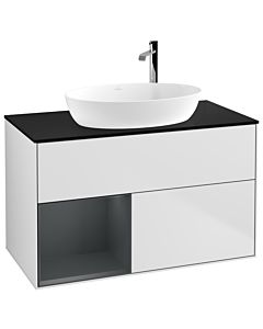 Villeroy und Boch Finion Villeroy und Boch G892HGMT 100cm, plaque de recouvrement noire mate, Emotion, étagères laqué mat Midnight, laqué blanc mat