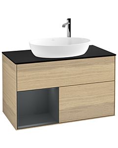 Villeroy und Boch Finion Waschtischunterschrank G892HGPC 100cm, Abdeckplatte black matt, Emotion, Regale Midnight matt lacquer, Oak Veneer