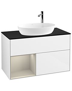 Villeroy und Boch Finion Waschtischunterschrank G892HHGF 100cm, Abdeckplatte black matt, Emotion, Regale sand matt lacquer, Glossy white lacquer