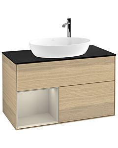 Villeroy und Boch Finion Waschtischunterschrank G892HHPC 100cm, Abdeckplatte black matt, Emotion, Regale sand matt lacquer, Oak Veneer