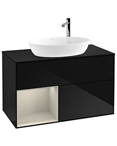 Villeroy und Boch Finion Waschtischunterschrank G892HHPH 100cm, Abdeckplatte black matt, Emotion, Regale sand matt lacquer, Glossy Black Lacquer