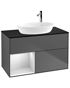 Villeroy und Boch Finion Waschtischunterschrank G892MTGK 100cm, Abdeckplatte black matt, Emotion, Regale White matt lacquer, Anthracite matt