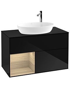 Villeroy und Boch Finion Waschtischunterschrank G892PCPH 100cm, Abdeckplatte black matt, Emotion, Regale Oak Veneer, Glossy Black Lacquer