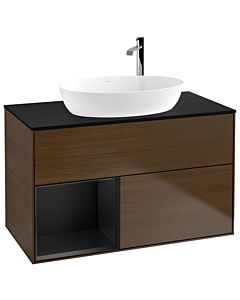 Villeroy und Boch Finion Villeroy und Boch G892PDGN 100cm, plaque de recouvrement noire mate, Emotion, étagères laquées noir mat, placage noyer