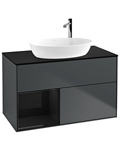 Villeroy und Boch Finion Waschtischunterschrank G892PHHG 100cm, Abdeckplatte black matt, Emotion, Regale Glossy black lacquer, Midnight Blue Matt Lacquer