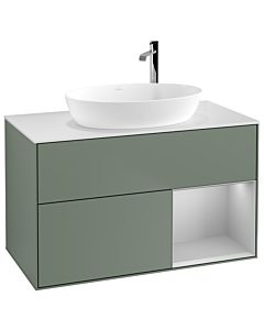 Villeroy und Boch Finion Waschtischunterschrank G901GJGM 100cm, Abdeckplatte white matt, Emotion, Regale Light grey matt lacquer, Olive Matt Lacquer
