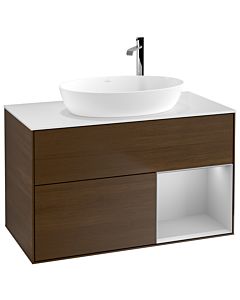 Villeroy und Boch Finion Waschtischunterschrank G901GJGN 100cm, Abdeckplatte white matt, Emotion, Regale Light grey matt lacquer, Walnut veneer