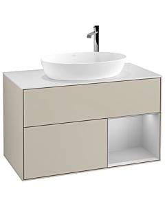 Villeroy und Boch Finion Villeroy und Boch G901GJHH 100cm, plaque de recouvrement blanc mat, Emotion, étagères laqué gris clair mat, Sand Matt Lacquer