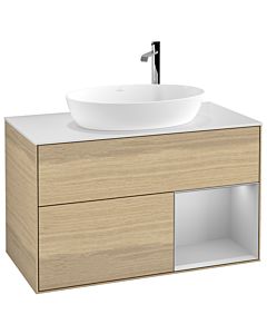 Villeroy und Boch Finion Waschtischunterschrank G901GJPC 100cm, Abdeckplatte white matt, Emotion, Regale Light grey matt lacquer, Oak Veneer