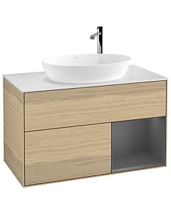 Villeroy und Boch Finion Villeroy und Boch G901GKPC 100cm, plaque de recouvrement blanc mat, Emotion, étagères laqué mat anthracite, Oak Veneer