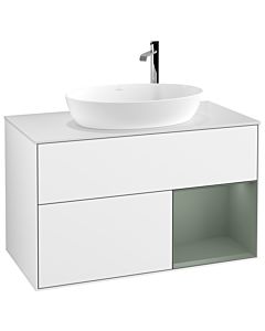 Villeroy und Boch Finion Waschtischunterschrank G901GMGF 100cm, Abdeckplatte white matt, Emotion, Regale Olive matt lacquer, Glossy white lacquer