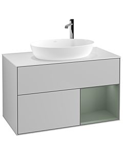 Villeroy und Boch Finion Villeroy und Boch G901GMGJ 100cm, plaque de recouvrement blanc mat, Emotion, étagères laqué olive mat, gris clair mat