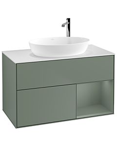 Villeroy und Boch Finion Villeroy und Boch G901GMGM 100cm, plaque de recouvrement blanc mat, Emotion, étagères laqué olive mat, Olive Matt Lacquer