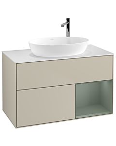 Villeroy und Boch Finion Villeroy und Boch G901GMHH 100cm, plaque de recouvrement blanc mat, Emotion, étagères laqué olive mat, Sand Matt Lacquer